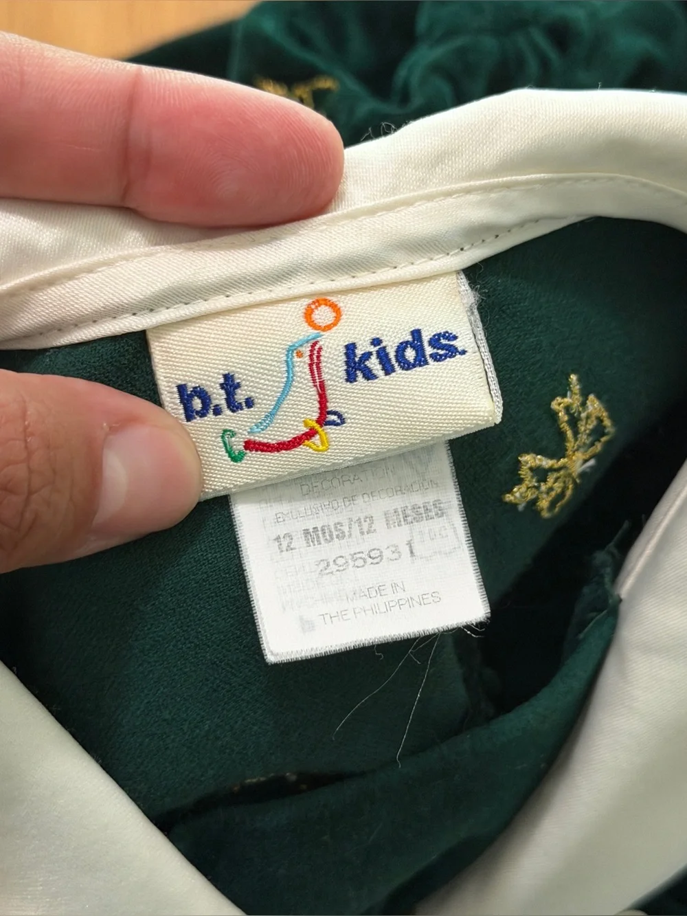 Vintage B.T Kids 12 MONTHS Green Velvet Dress Puff Sleeve Gold Embroidered Bow